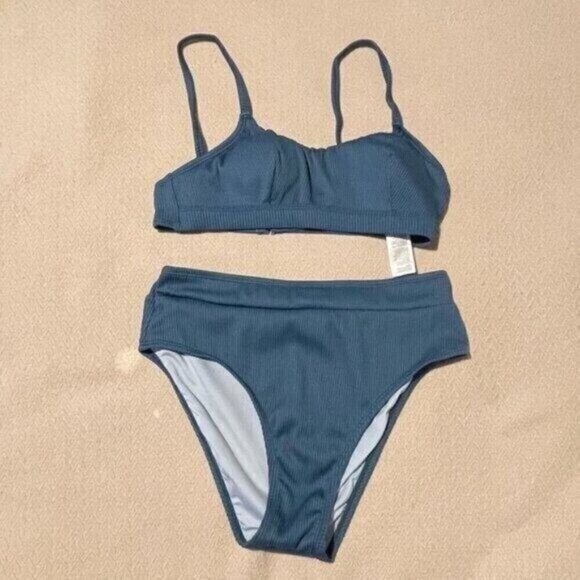 Cupshe Women’s Blue Ribbed Bikini Set Small Scoop Neck Top High Waist Bottom - Picture 3 of 8
